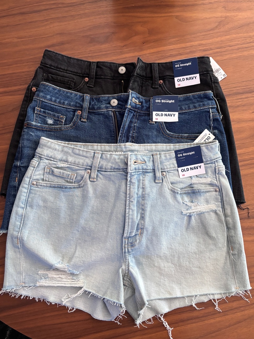 Old Navy Women's Jean Shorts Trio - Light Blue, Dark Blue, Black